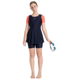 Girl's Endurance10 Sleeved Closedback Swimdress With Boyleg - True Navy & Coral Sands