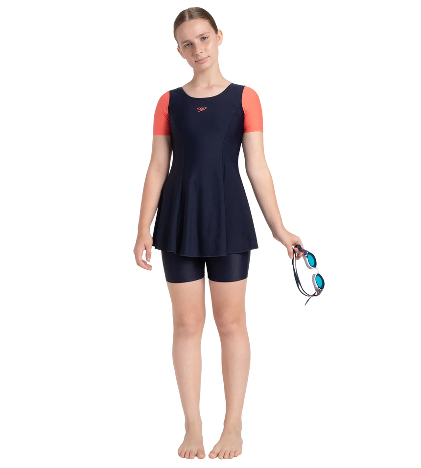 Girl's Endurance10 Sleeved Closedback Swimdress With Boyleg - True Navy & Coral Sands