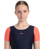 Girl's Endurance10 Sleeved Closedback Swimdress With Boyleg - True Navy & Coral Sands