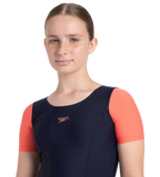 Girl's Endurance10 Sleeved Closedback Swimdress With Boyleg - True Navy & Coral Sands