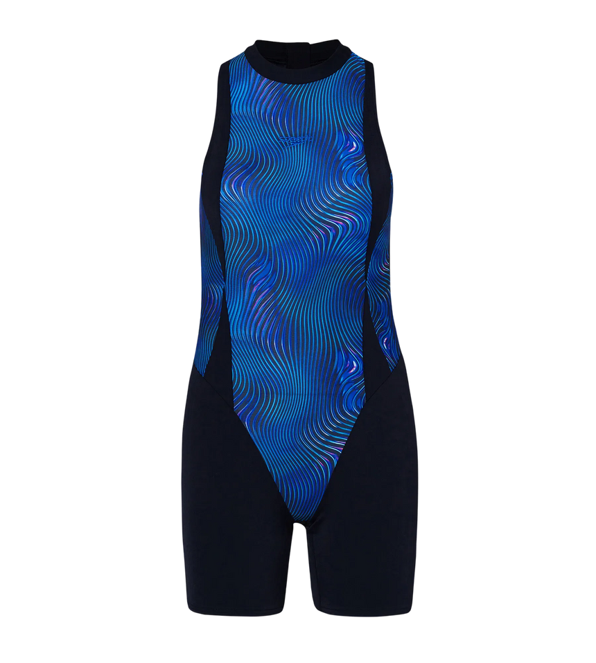 Women's Endurance+ Printed Highneck Legsuit - Black & Deep Saffire