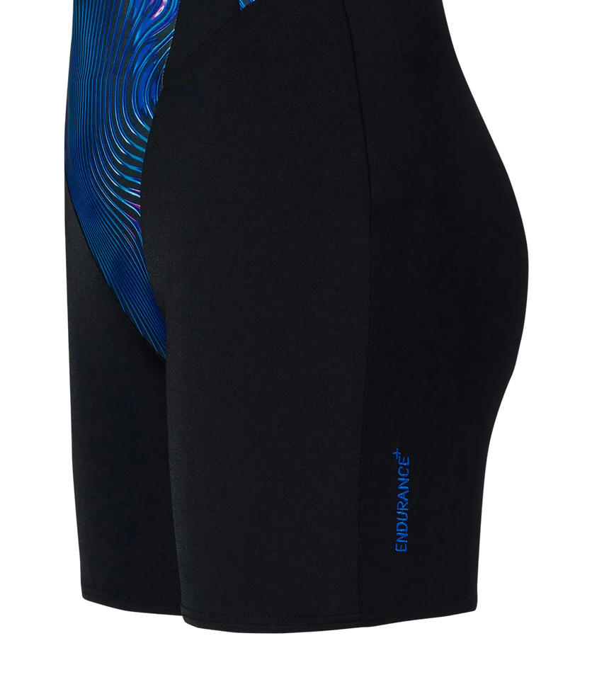 Women's Endurance+ Printed Highneck Legsuit - Black & Deep Saffire
