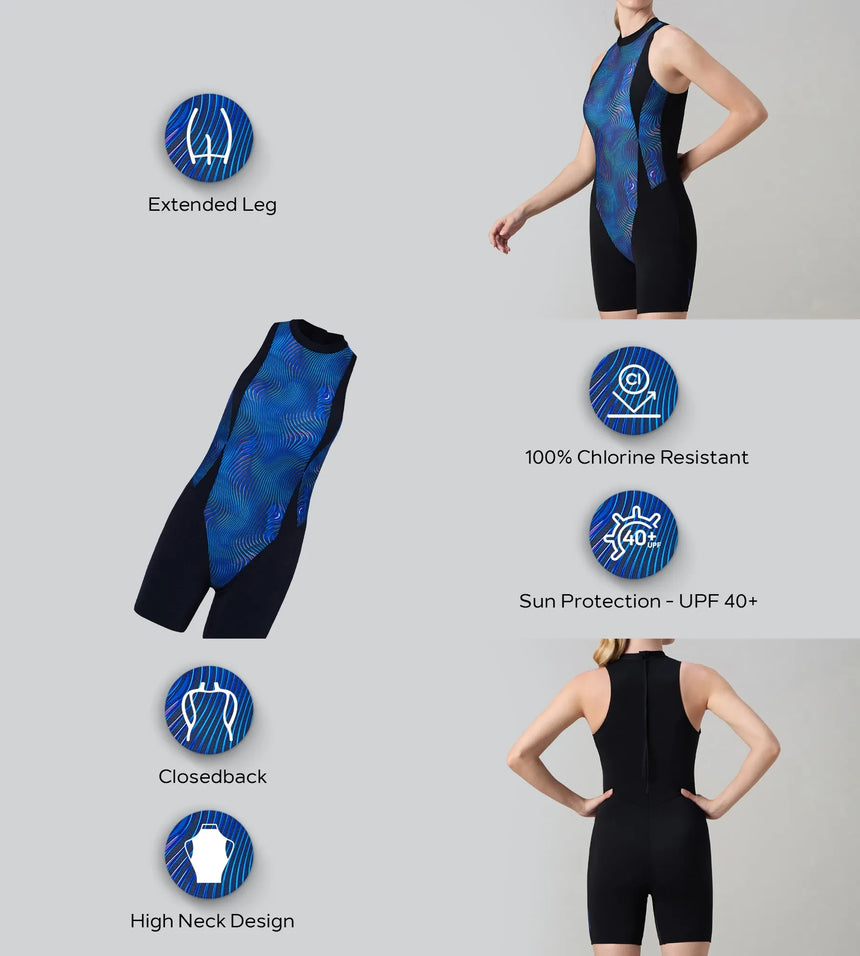 Women's Endurance+ Printed Highneck Legsuit - Black & Deep Saffire