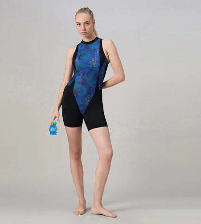 Women's Endurance+ Printed Highneck Legsuit - Black & Deep Saffire