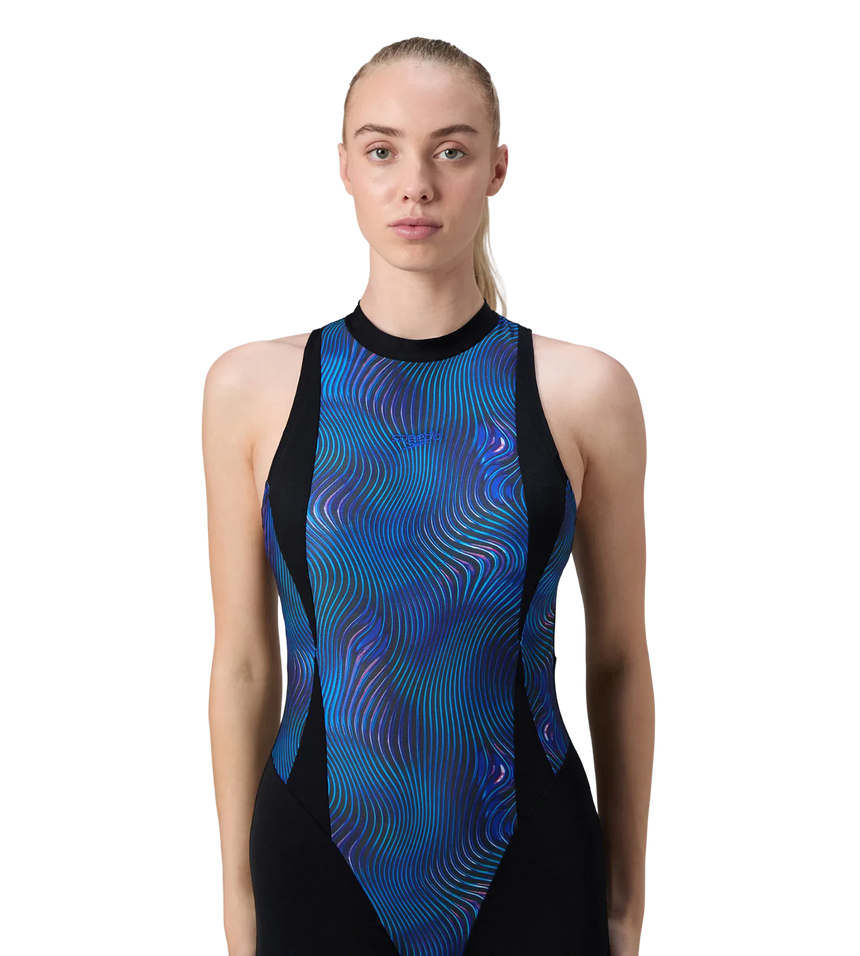 Women's Endurance+ Printed Highneck Legsuit - Black & Deep Saffire
