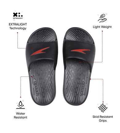 Unisex Junior's Single Colour Slides For Boys and Girls - Black & Lava Red