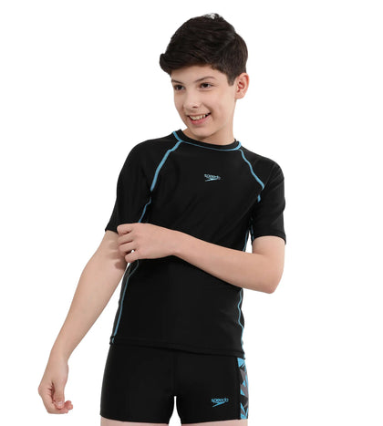 Boy's Endurance Short Sleeve Suntop - Black  &  Picton Blue_1