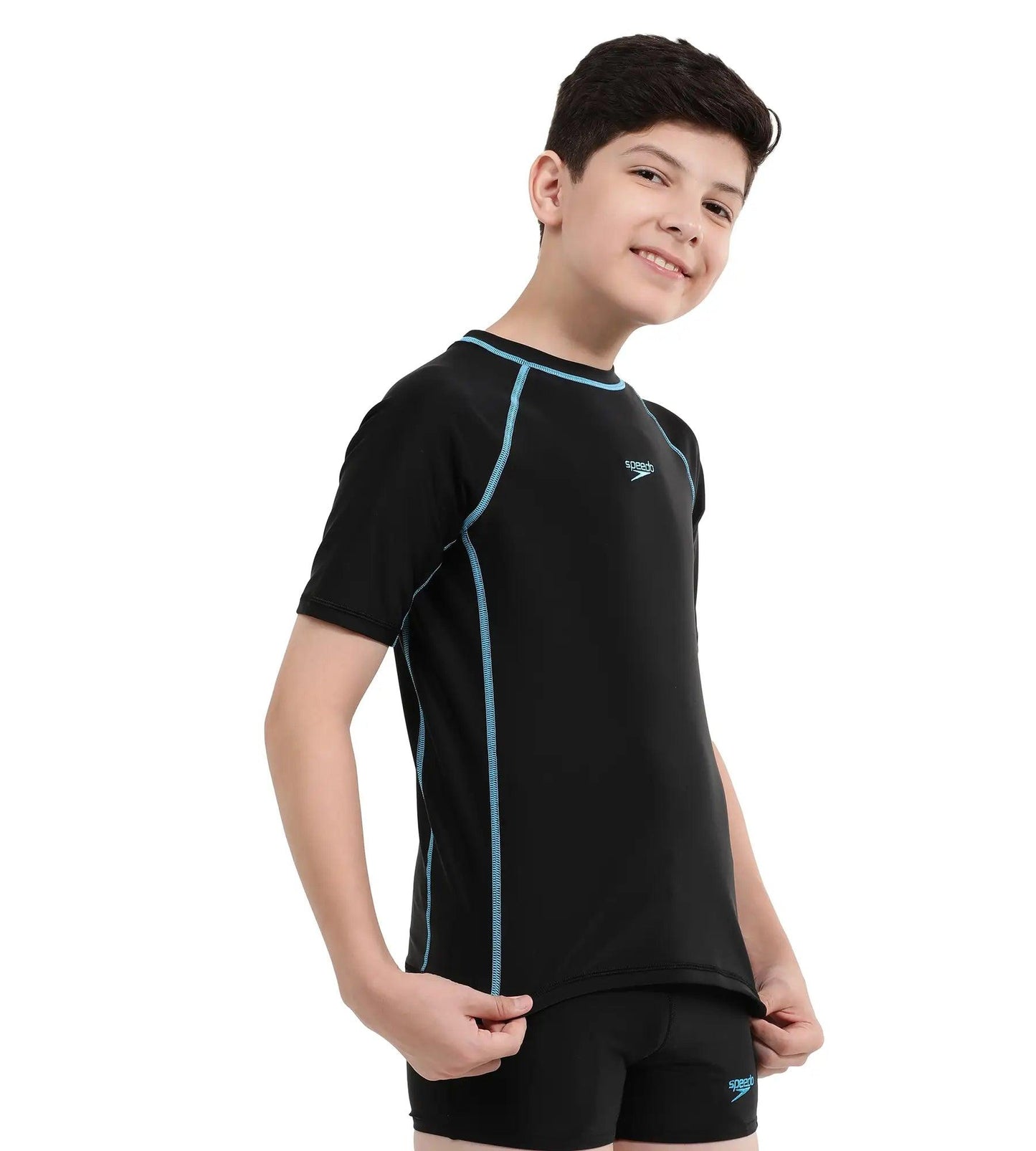 Boy's Endurance Short Sleeve Suntop - Black  &  Picton Blue_3