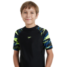 Boy's Endurance10 Hyperboom Print Short Sleeve Suntop - Black, Turkish Sea & Hyper Yellow