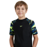 Boy's Endurance10 Hyperboom Print Short Sleeve Suntop - Black, Turkish Sea & Hyper Yellow