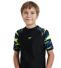 Boy's Endurance10 Hyperboom Print Short Sleeve Suntop - Black, Turkish Sea & Hyper Yellow