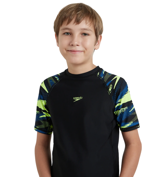 Boy's Endurance10 Hyperboom Print Short Sleeve Suntop - Black, Turkish Sea & Hyper Yellow