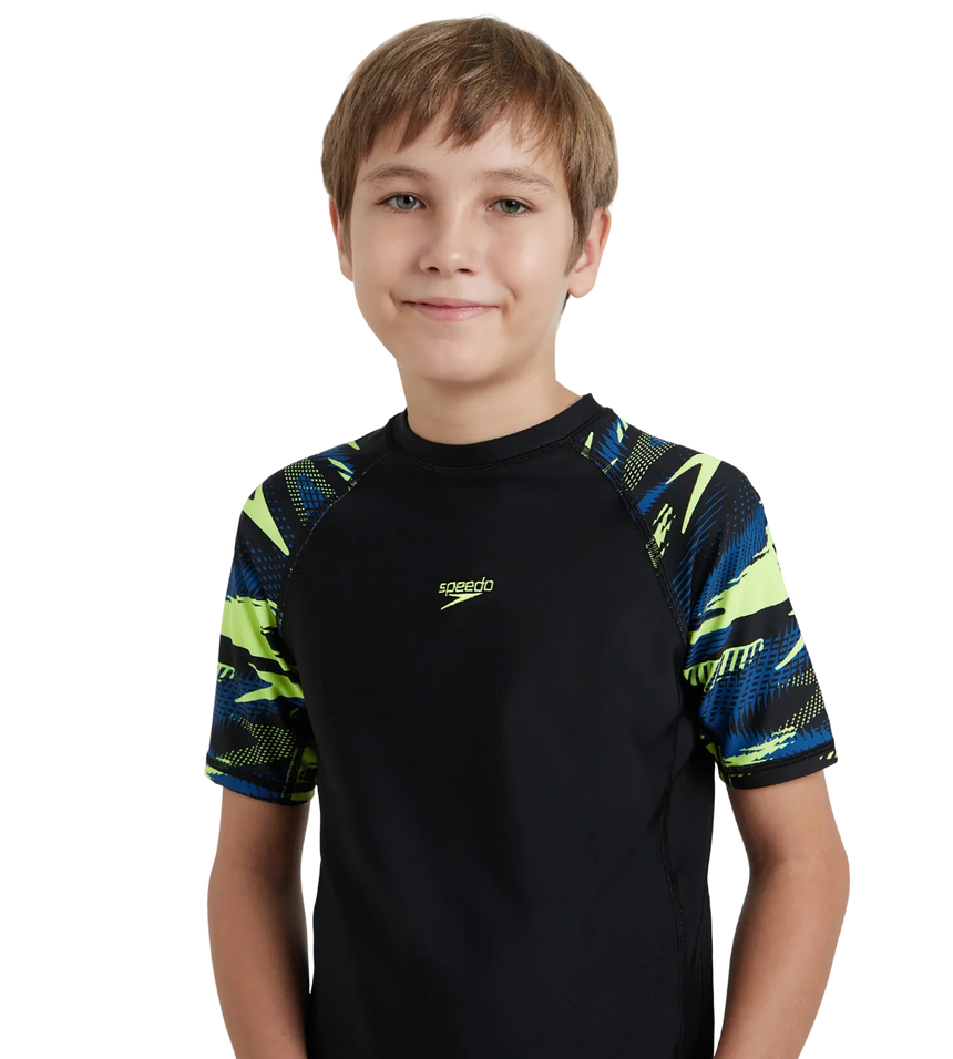 Boy's Endurance10 Hyperboom Print Short Sleeve Suntop - Black, Turkish Sea & Hyper Yellow