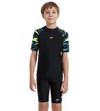 Boy's Endurance10 Hyperboom Print Short Sleeve Suntop - Black, Turkish Sea & Hyper Yellow