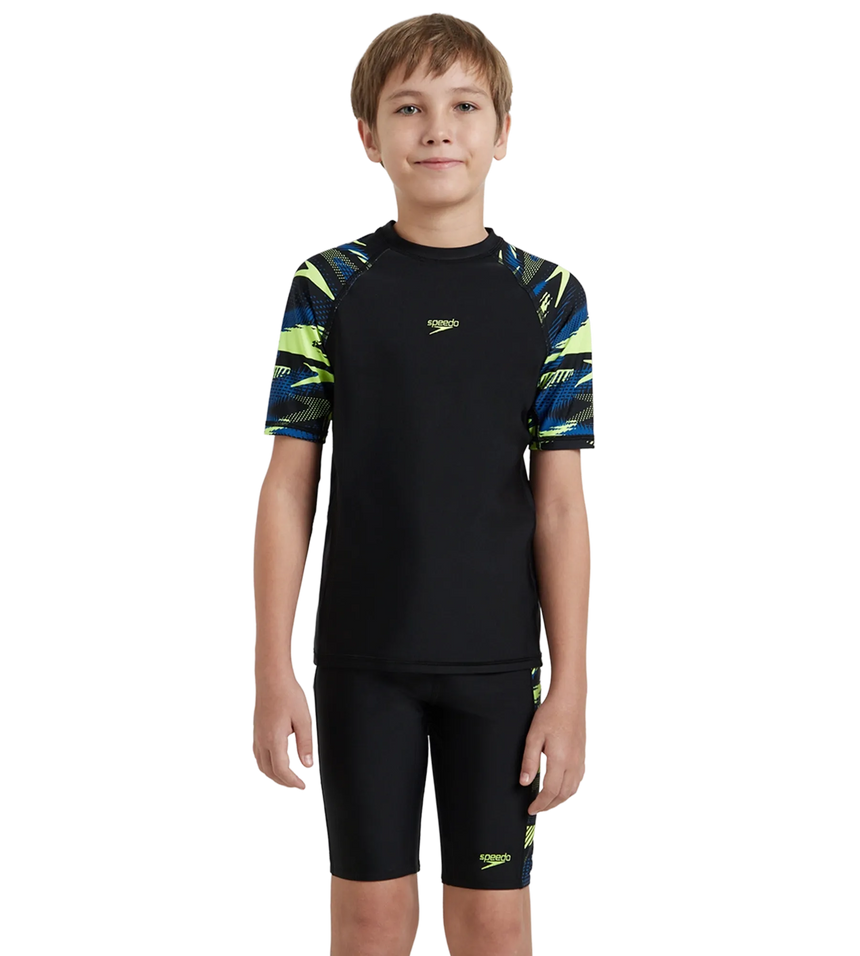 Boy's Endurance10 Hyperboom Print Short Sleeve Suntop - Black, Turkish Sea & Hyper Yellow