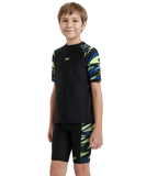 Boy's Endurance10 Hyperboom Print Short Sleeve Suntop - Black, Turkish Sea & Hyper Yellow