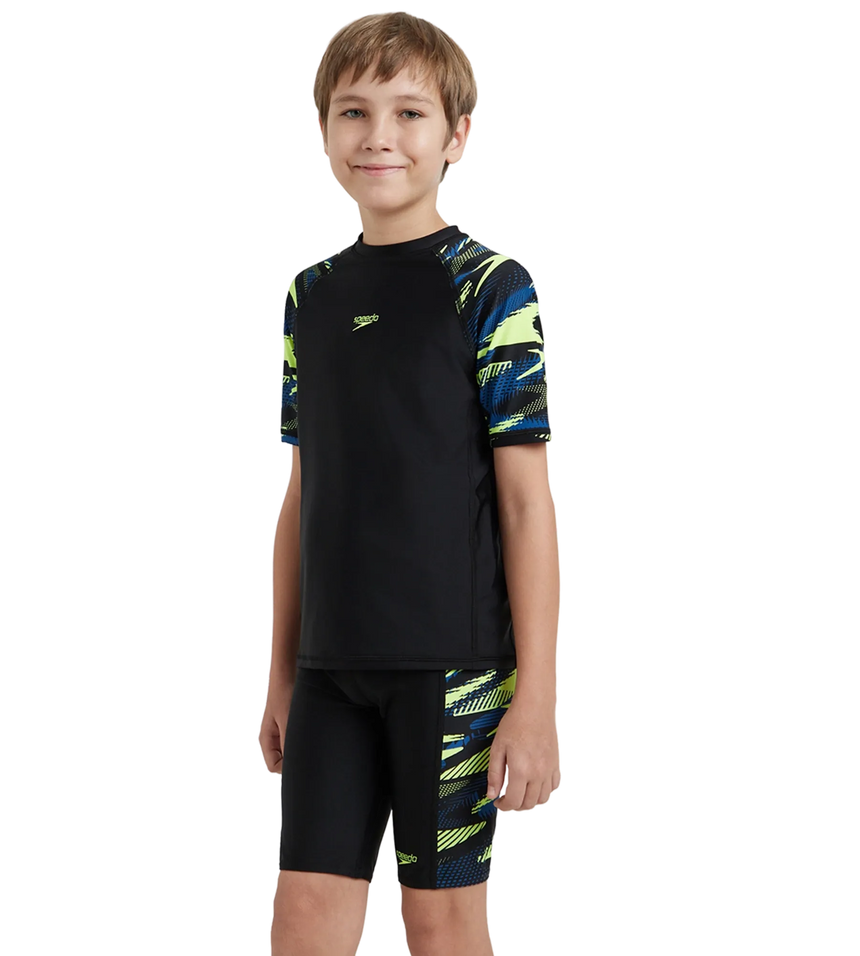 Boy's Endurance10 Hyperboom Print Short Sleeve Suntop - Black, Turkish Sea & Hyper Yellow