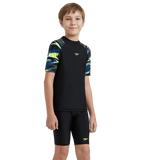 Boy's Endurance10 Hyperboom Print Short Sleeve Suntop - Black, Turkish Sea & Hyper Yellow