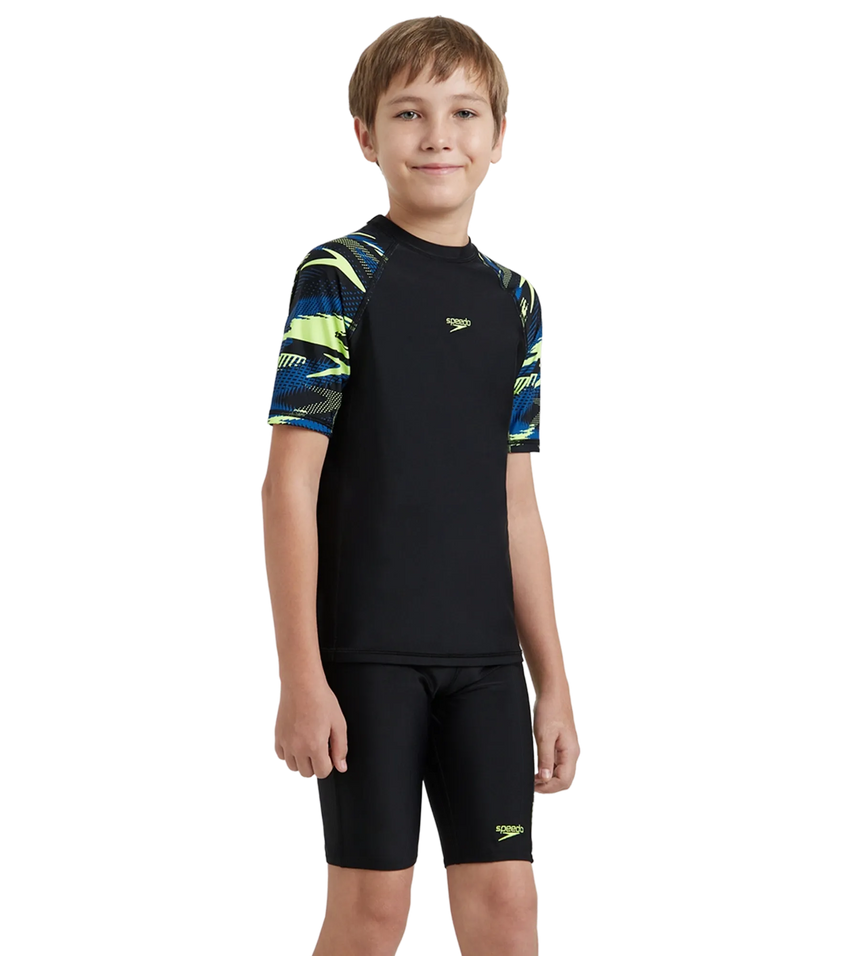 Boy's Endurance10 Hyperboom Print Short Sleeve Suntop - Black, Turkish Sea & Hyper Yellow