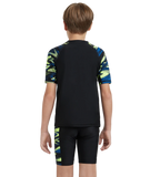 Boy's Endurance10 Hyperboom Print Short Sleeve Suntop - Black, Turkish Sea & Hyper Yellow
