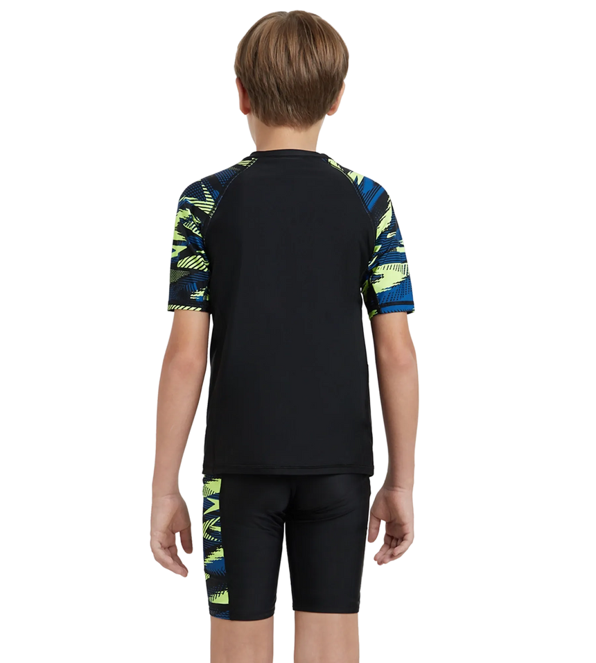 Boy's Endurance10 Hyperboom Print Short Sleeve Suntop - Black, Turkish Sea & Hyper Yellow