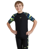 Boy's Endurance10 Hyperboom Print Short Sleeve Suntop - Black, Turkish Sea & Hyper Yellow