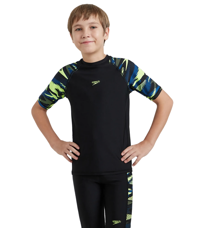 Boy's Endurance10 Hyperboom Print Short Sleeve Suntop - Black, Turkish Sea & Hyper Yellow