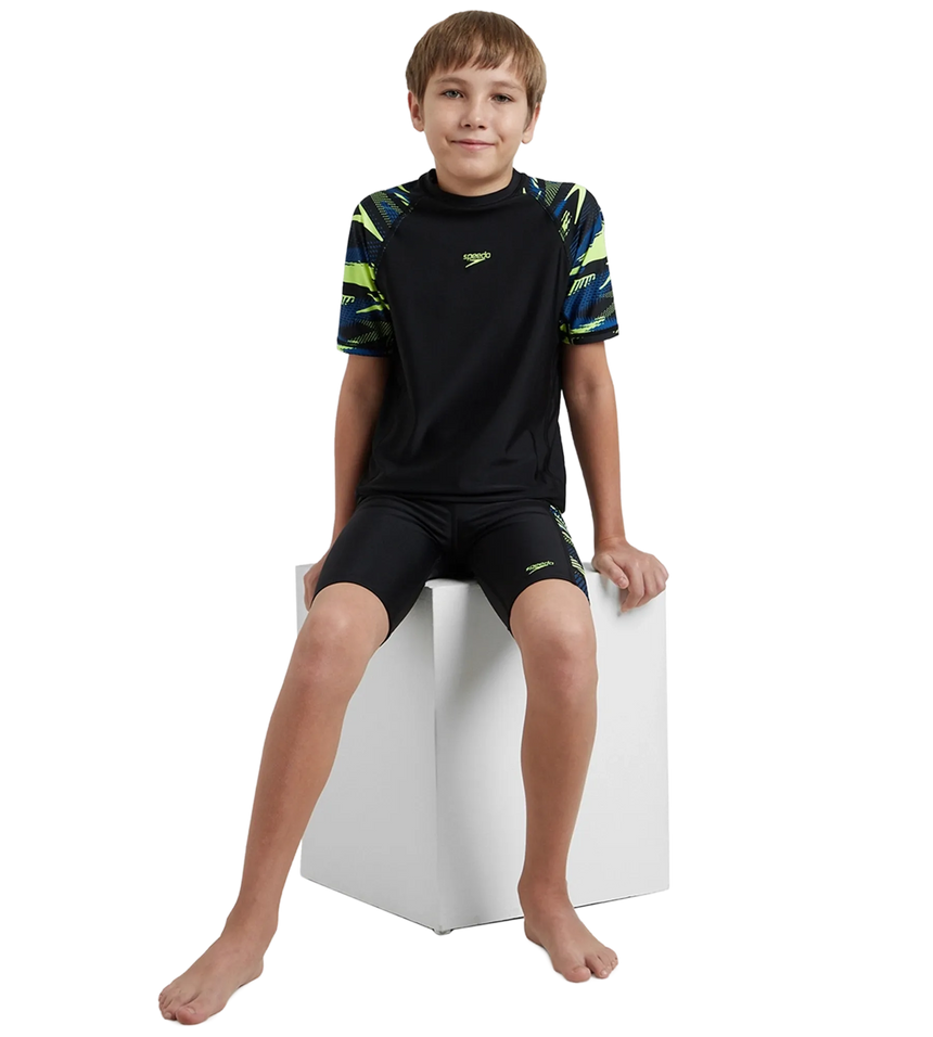 Boy's Endurance10 Hyperboom Print Short Sleeve Suntop - Black, Turkish Sea & Hyper Yellow