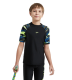 Boy's Endurance10 Hyperboom Print Short Sleeve Suntop - Black, Turkish Sea & Hyper Yellow
