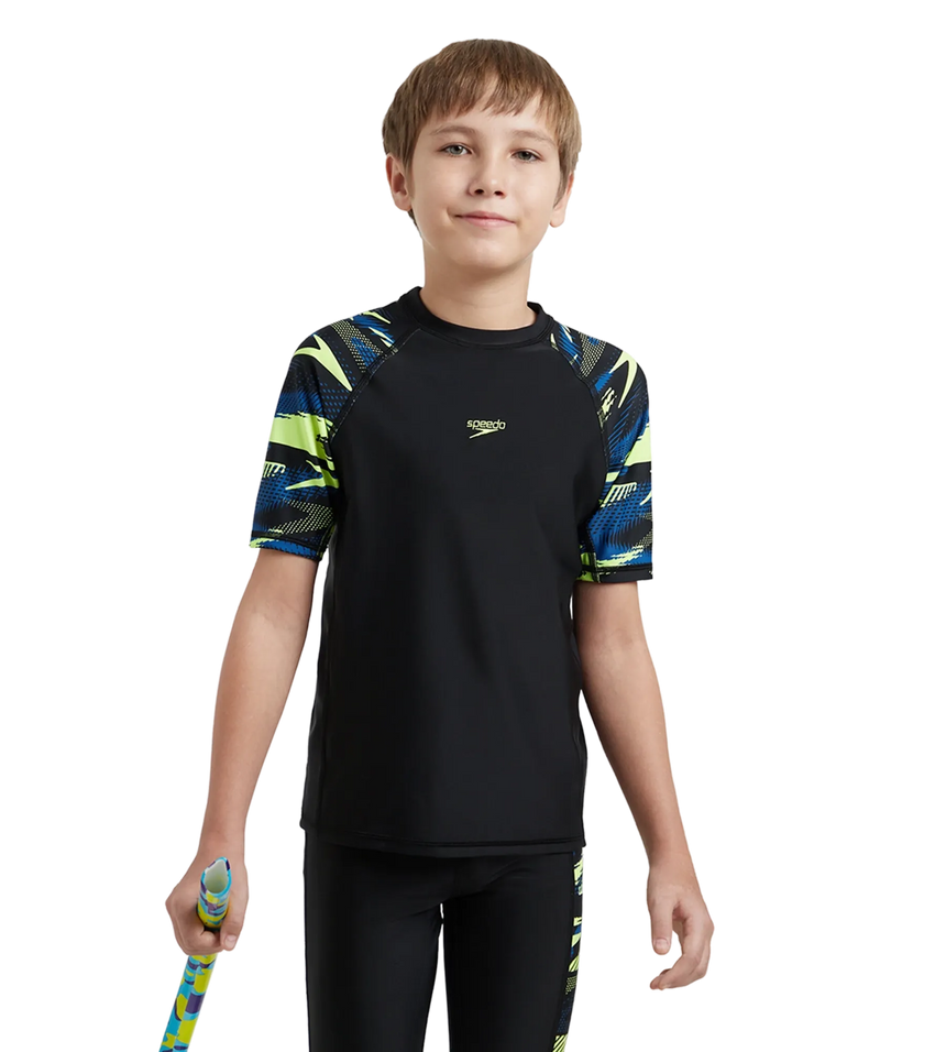 Boy's Endurance10 Hyperboom Print Short Sleeve Suntop - Black, Turkish Sea & Hyper Yellow