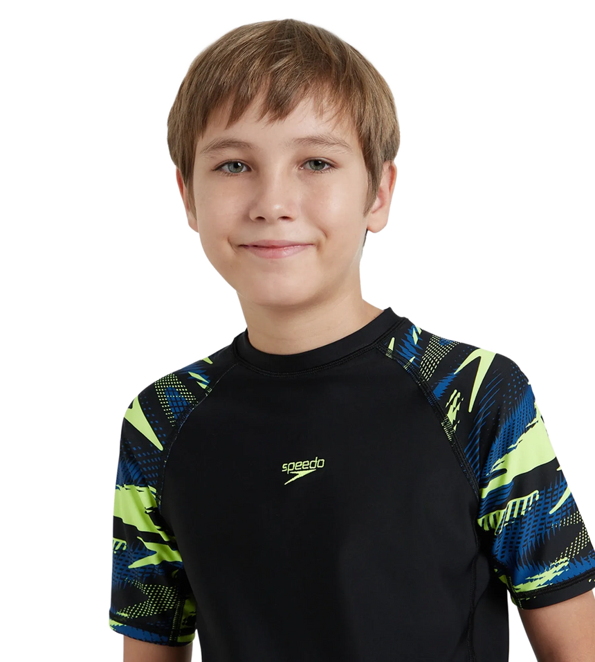 Boy's Endurance10 Hyperboom Print Short Sleeve Suntop - Black, Turkish Sea & Hyper Yellow