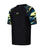 Boy's Endurance10 Hyperboom Print Short Sleeve Suntop - Black, Turkish Sea & Hyper Yellow
