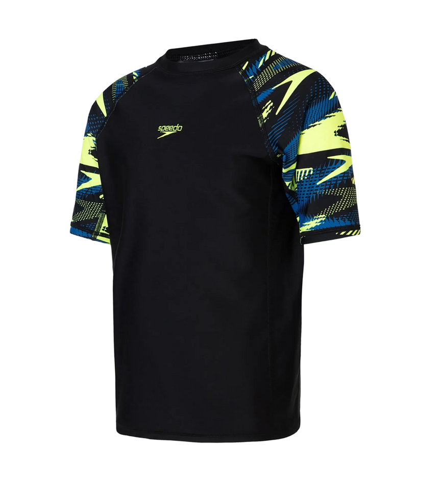 Boy's Endurance10 Hyperboom Print Short Sleeve Suntop - Black, Turkish Sea & Hyper Yellow