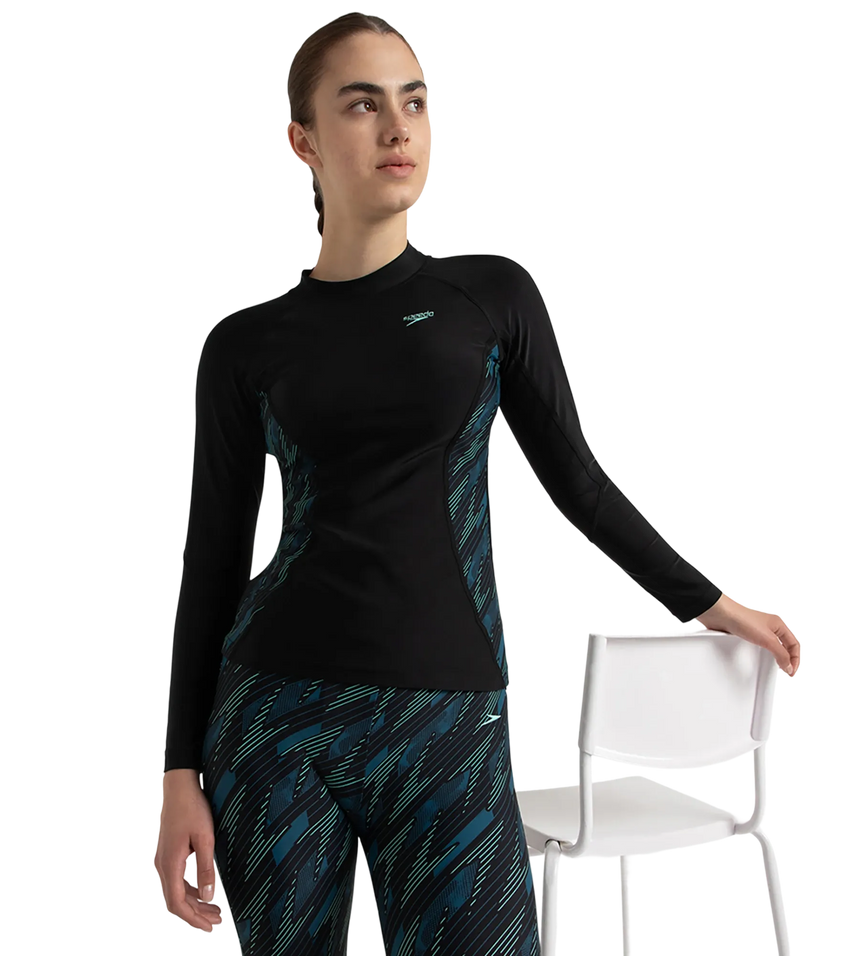 Women's Hyperboom Splice Print Long Sleeve Suntop - Black, Dark Teal & Arctic Glass