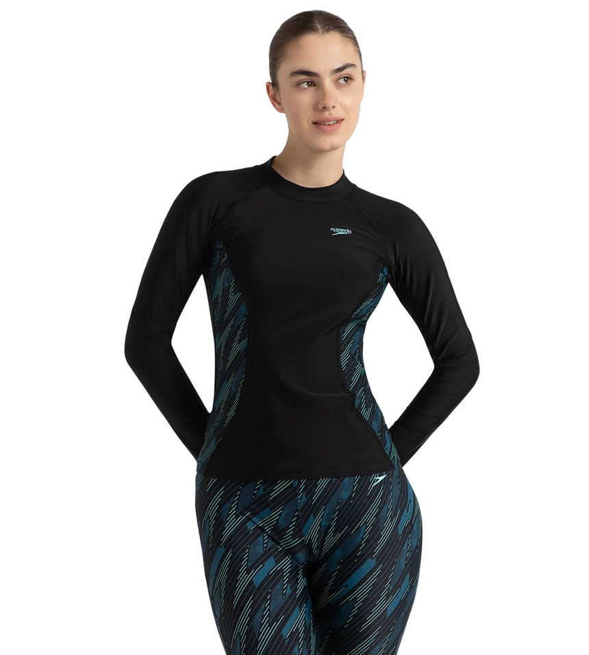 Women's Hyperboom Splice Print Long Sleeve Suntop - Black, Dark Teal & Arctic Glass