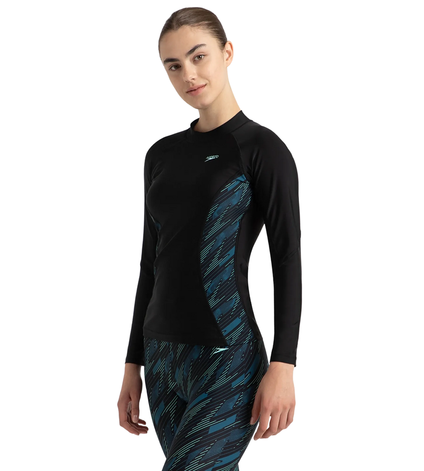 Women's Hyperboom Splice Print Long Sleeve Suntop - Black, Dark Teal & Arctic Glass