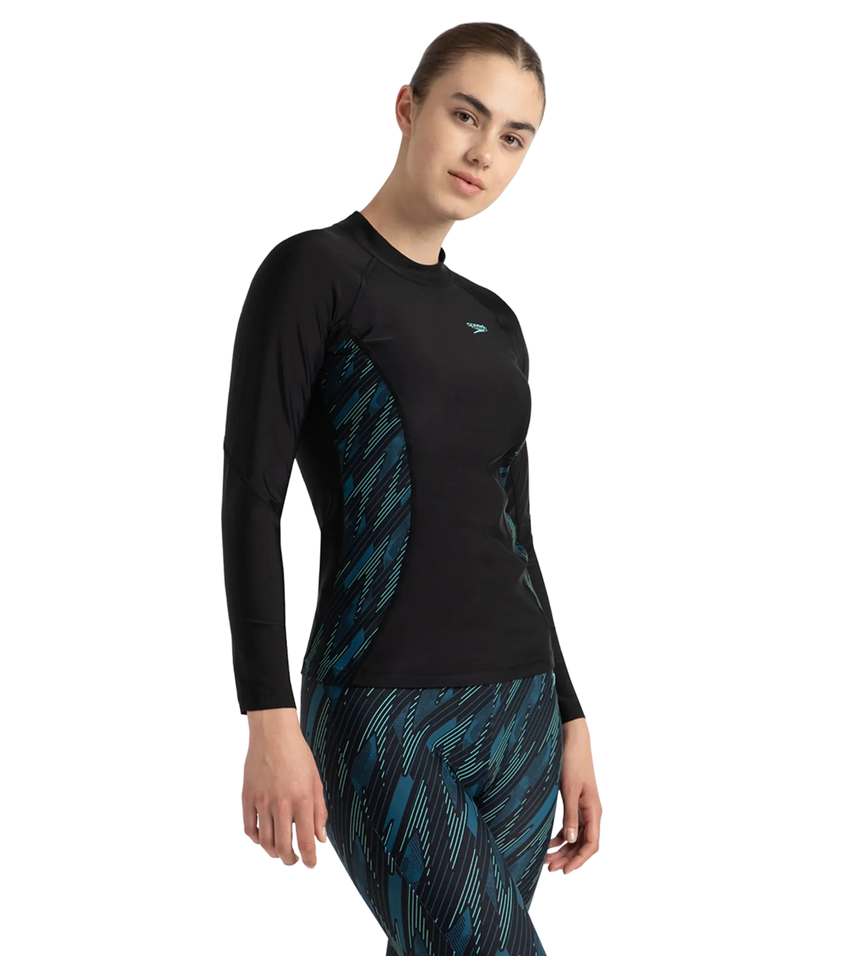 Women's Hyperboom Splice Print Long Sleeve Suntop - Black, Dark Teal & Arctic Glass