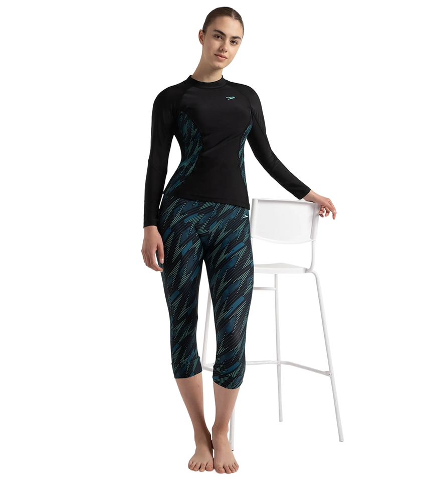 Women's Hyperboom Splice Print Long Sleeve Suntop - Black, Dark Teal & Arctic Glass