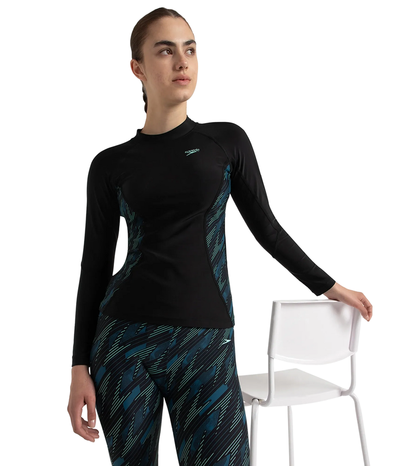 Women's Hyperboom Splice Print Long Sleeve Suntop - Black, Dark Teal & Arctic Glass
