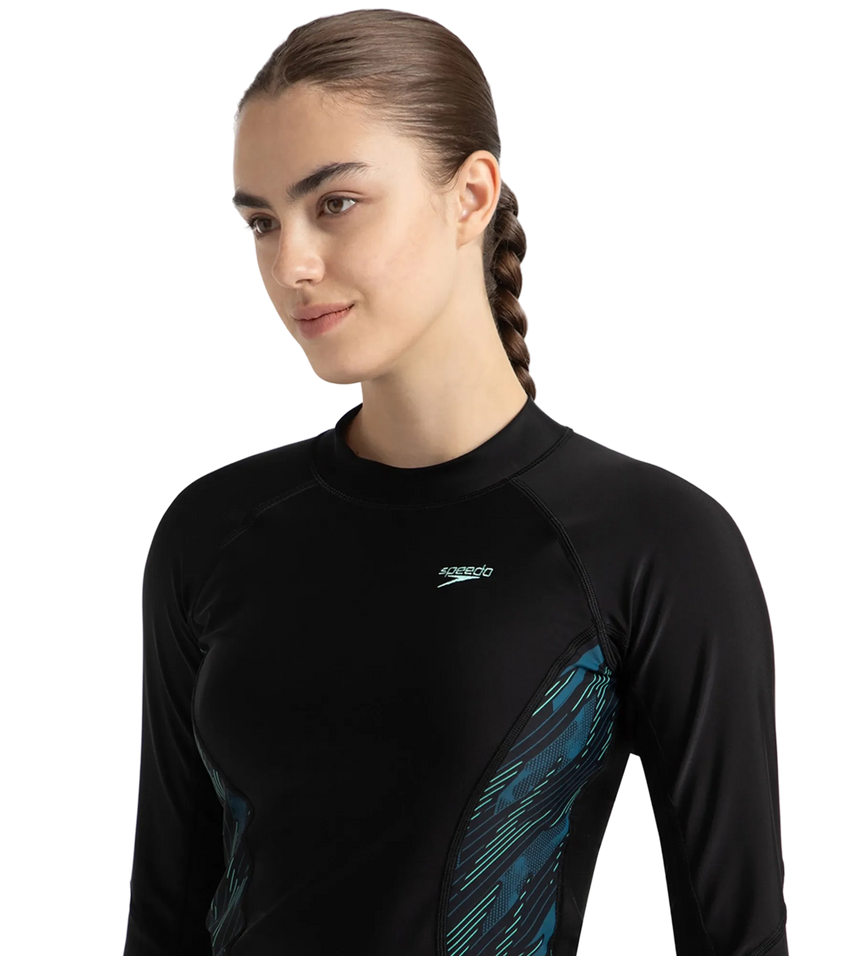 Women's Hyperboom Splice Print Long Sleeve Suntop - Black, Dark Teal & Arctic Glass