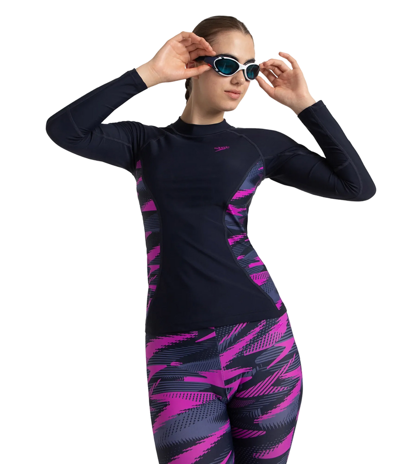 Women's Hyperboom Splice Print Long Sleeve Suntop - True Navy, Hapuna Blue & Diva
