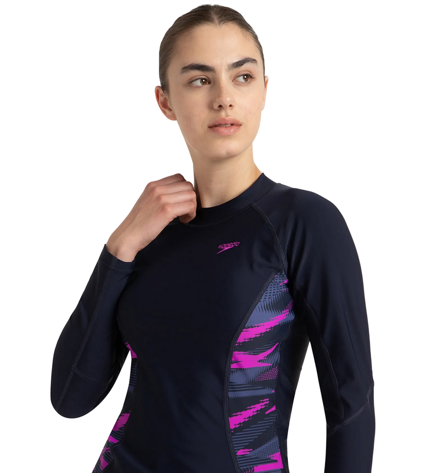 Women's Hyperboom Splice Print Long Sleeve Suntop - True Navy, Hapuna Blue & Diva
