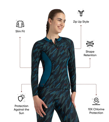 Women's Hyperboom Print Long Sleeve Suntop - Black, Dark Teal & Arctic Glass