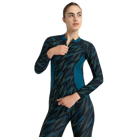 Women's Hyperboom Print Long Sleeve Suntop - Black, Dark Teal & Arctic Glass