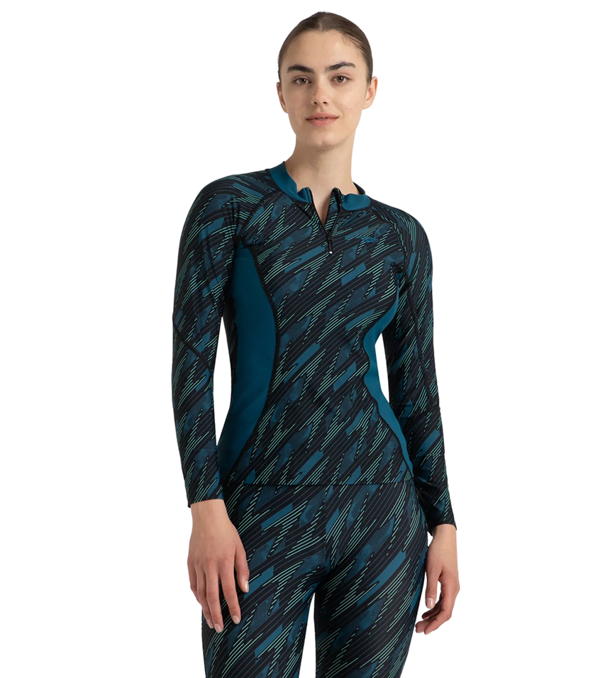 Women's Hyperboom Print Long Sleeve Suntop - Black, Dark Teal & Arctic Glass