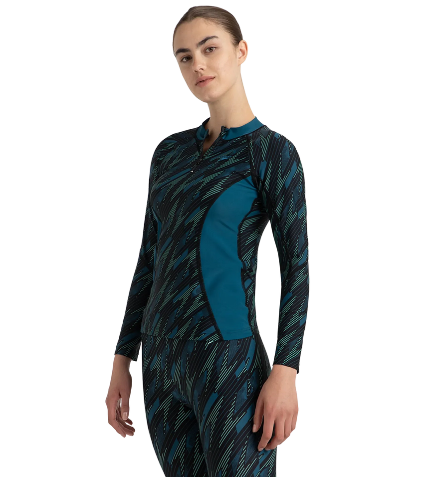 Women's Hyperboom Print Long Sleeve Suntop - Black, Dark Teal & Arctic Glass