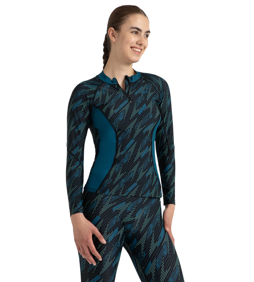 Women's Hyperboom Print Long Sleeve Suntop - Black, Dark Teal & Arctic Glass
