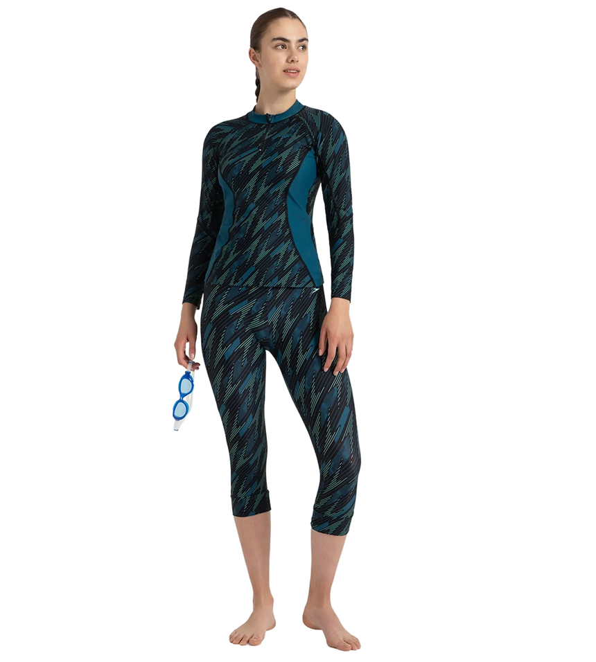 Women's Hyperboom Print Long Sleeve Suntop - Black, Dark Teal & Arctic Glass