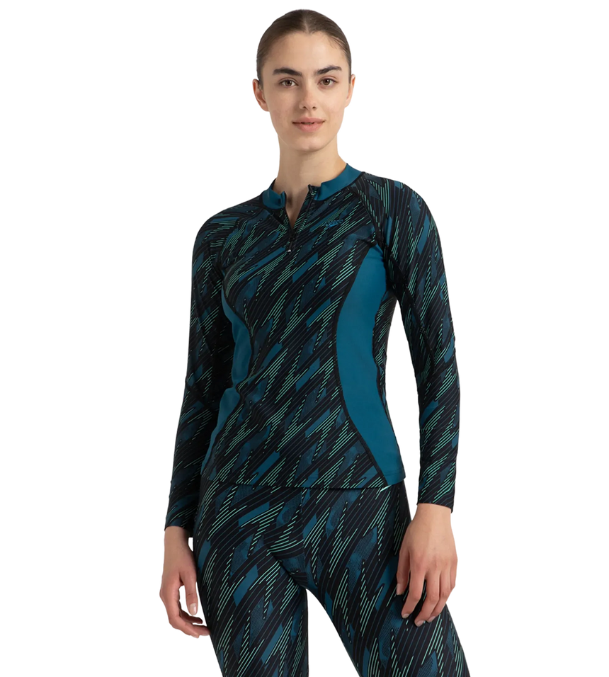 Women's Hyperboom Print Long Sleeve Suntop - Black, Dark Teal & Arctic Glass