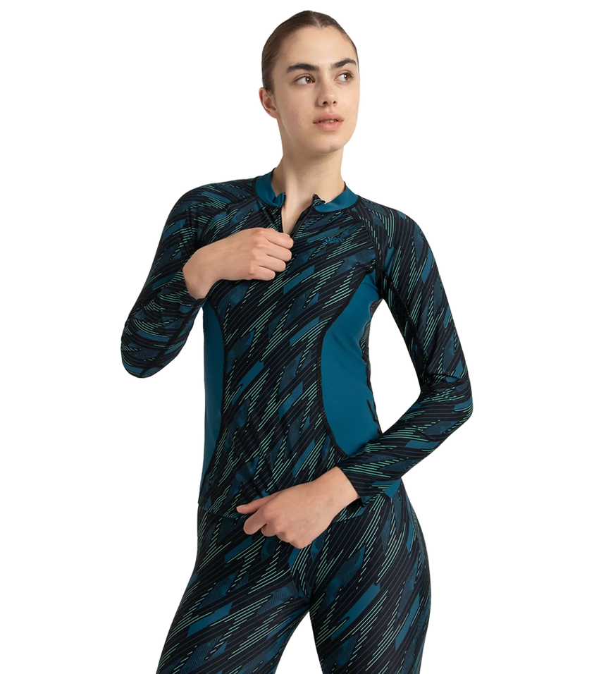 Women's Hyperboom Print Long Sleeve Suntop - Black, Dark Teal & Arctic Glass